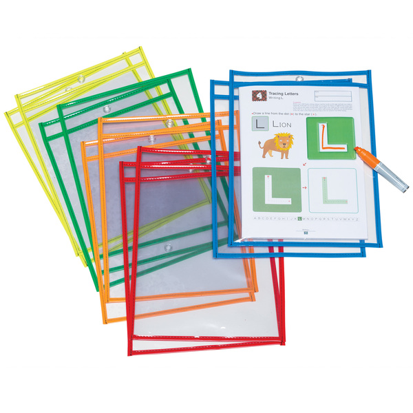 Pacon Dry Erase Pockets, 5 Bright Colors, 10" x 13-1/2", PK10 PAC9869